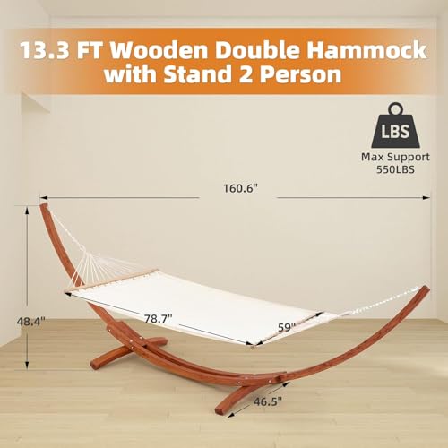 ECOTOUGE 13 FT Hammock with Stand, Heavy Duty Hammock Stand, 2 Person Heavy Large Hammock Bed for Porch, Patio, Balcony, Garden, Backyard, Load 550lbs 550LBS, White-Yellow - size: 13FT