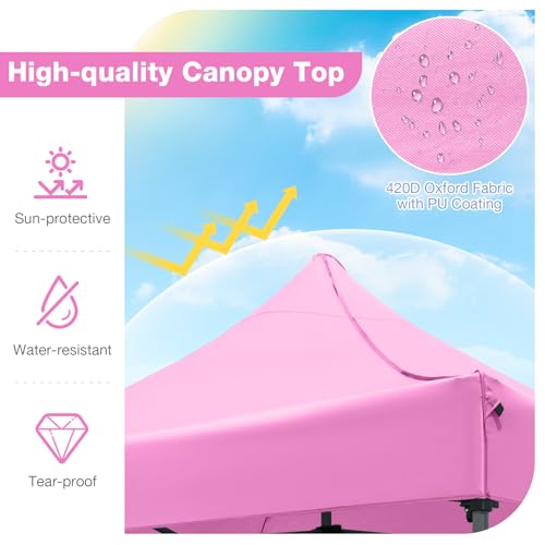 Tangkula 10x10 FT Pop Up Canopy, Instant Setup Outdoor Tent with Heavy-Duty Carbon Steel Frame, Wheeled Bag, 4 Sandbags, 8 Stake, 4 Ropes, Portable Canopy Tent for Parties Events Camping (Pink) - color: Pink