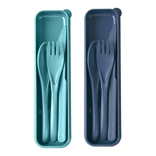 Utensil set Travel Silverware with Case, 2 Sets Reusable Utensils Set with Case, Wheat Straw Utensils for Lunch Box Accessories, Camping Utensils for Work Lunch or Daily Use - color: Blue, Green