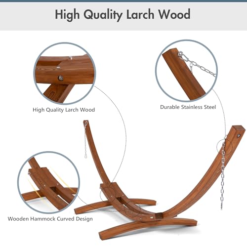 ANOW 13.5FT Curved Wood Stand with Double Rope Hammock, Heavy Duty Larch Wood Arc Stand with 2 Chains, 4 Balance Ropes and 4 Carabiners, Includes Blue Hammock with Spreader Bars - color: Blue