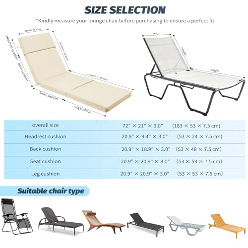 2 Pcs Outdoor Chaise Lounge Cushion 72" x 21" x 3", 4-Section Folding Patio Lounge Chair Cushion with Ties, Waterproof & Fade Resistant Replacement Cushion for Pool, Patio, Deck (Beige, 2 Pcs) - color: Beige, size: 2 Pcs