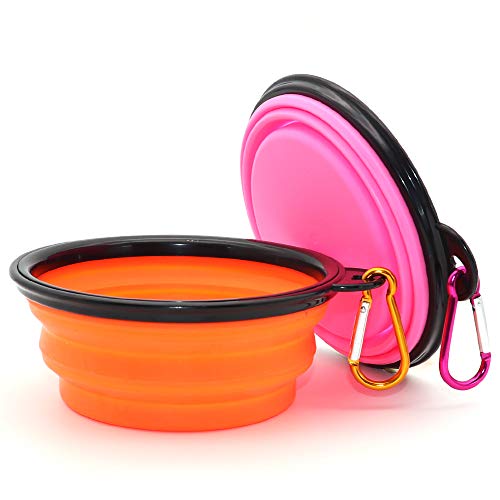 SLSON Collapsible Dog Bowls, 2 Pack, Portable Pet Feeding Watering Dish for Traveling with Carabiners (Small, Orange+Pink) - color: Orange+Pink, size: Small
