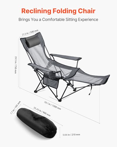 VEVOR 2-in-1 Reclining Camping Chair with Footrest for Adults, 4 Adjustable Positions, Portable Folding Lounger, Lightweight Mesh Beach Chair Supports 220lbs, Heavy Duty Camp Chairs Outdoor, Gray - color: Grey