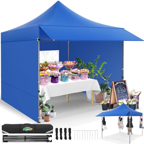 COBIZI 10x10 Pop up Heavy Duty Canopy Tent, Commercial Instant Canopies with Sturdy Awning, Outdoor Canopies for Market, Event, Blue - color: Blue, size: 10x10FT with 3 Sidewalls & 1 Awning Cloth