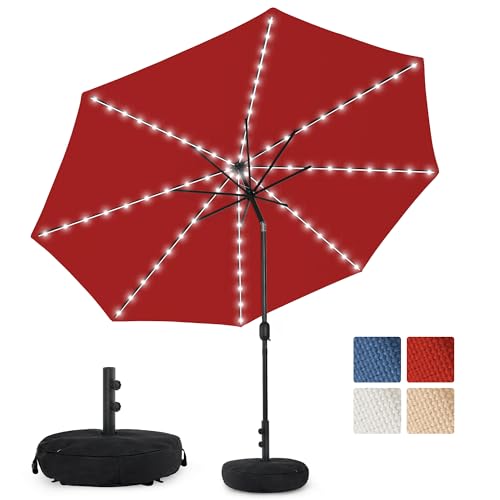 Sundale Outdoor Olefin 5-Year-Non-Fading Solar 80 LED 9 FT Solar Patio Umbrella with Sand Bag Base, Outdoor Umbrella with Tilt and Crank, Red - color: Red, size: 9FT