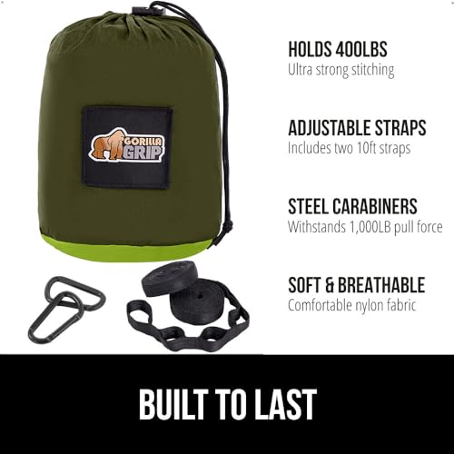 GORILLA GRIP Durable Camping Hammock with Heavy Duty Tree Straps, Portable Hammocks for Outside, Easy to Use Travel Swing Chair, Outdoor Camper Hiker Essentials, Backpacking Gear Gifts, Single, Green - color: Dark Green/Light Green, size: Single (9' x 4.5