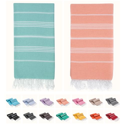 2 Pack The Turkish Beach Towel 40x72 Inches, Oversized 100% Cotton Sand Free Lightweight Absorbent Quick-Dry Beach Blanket, Extra Large Turkish Bath Towels for Travel and Pool, Yoga (Aqua/Peach) - color: Aqua/Peach