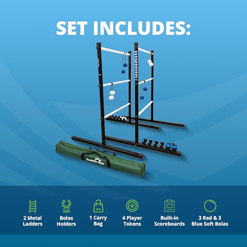 Vivere Ladder Golf Extreme Metal Tournament Edition Ladder Ball Tossing Game with 2 Metal Ladders and 2 Sets of Soft Bolas - Official Equipment