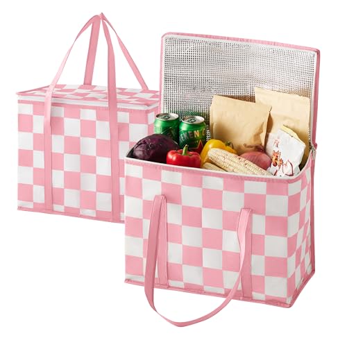 Ohocut Checkered Insulated Grocery Bags 2 Pack, Checkerboard Cooler Shopping Bags for Groceries, Insulated Bags for Food Delivery - color: Pink