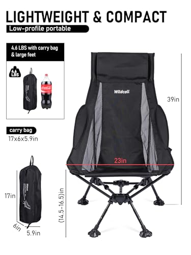 WildCall Lightweight Folding High Back Camping Chair with Head Support, Compact Beach Chair with Anti-Sinking Large Feet and Three Tilt Angles Adjustment - color: 1 X Black High Back