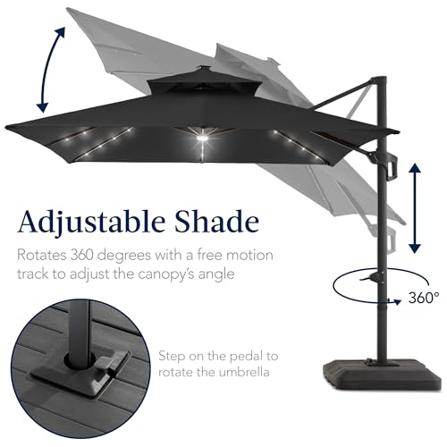 Best Choice Products 9x12ft LED Cantilever Patio Umbrella w/Base Included & 360° Rotation, Large Solar Offset Hanging Outdoor Sun Shade for Deck, Backyard Table w/Stand & Lights – Gray - color: Gray, size: 9x12ft