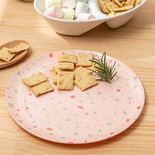 Bzyoo 12-Piece Melamine Dinnerware Set - Confetti Pink Plates and Bowl Lightweight BPA-Free Dishwasher Safe Dish Set for Indoor & Outdoor Use - Perfect for Camping, BBQs, Kids Parties - color: Pink Confetti