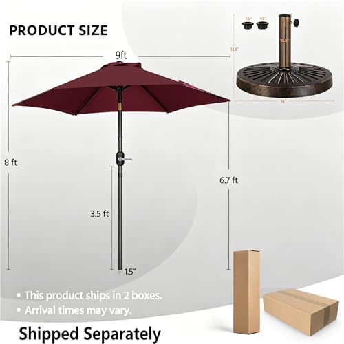 Yaheetech 9FT Patio Umbrella Outdoor with Heavy Duty Base Included,Table Umbrella with Push Button Tilt and Crank, UV Protection Waterproof for Yard/Outdoor/Wedding Parties and Events - Burgundy - color: Burgungy, size: 9FT