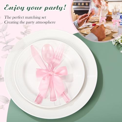 Minatee 25 Sets Pink Plastic Cutlery Set with Twist Tie Bows, Heavy Duty Tableware Disposable Pink Forks Knives and Spoons Silverware Utensils Set for Coquette Birthday Party Table Setting Picnics - color: Pink