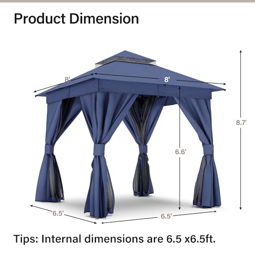LAUSAINT HOME 8'x8' Outdoor Patio Gazebo with 50FT String Lights, Heavy Duty Party Tent & Shelter with Double Roofs, Mosquito Nettings and Privacy Screens for Backyard, Garden, Decke (Navy Blue) - color: Navy Blue, size: 8'x8' with lights