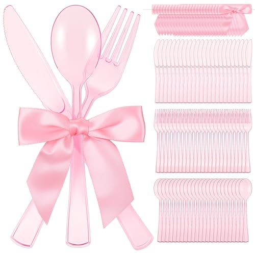 Minatee 25 Sets Pink Plastic Cutlery Set with Twist Tie Bows, Heavy Duty Tableware Disposable Pink Forks Knives and Spoons Silverware Utensils Set for Coquette Birthday Party Table Setting Picnics - color: Pink