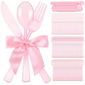 Minatee 25 Sets Pink Plastic Cutlery Set with Twist Tie Bows, Heavy Duty Tableware Disposable Pink Forks Knives and Spoons Silverware Utensils Set for Coquette Birthday Party Table Setting Picnics - color: Pink