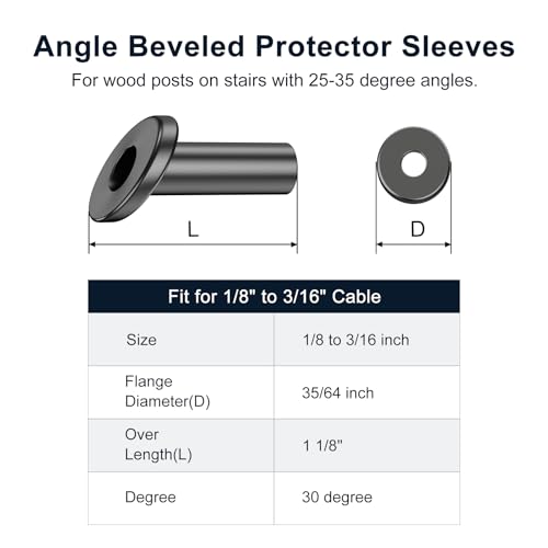 BLIKA 40 Pack 25 30 35 Degree Black Cable Railing Angle Beveled Protector Sleeves for 1/8" 5/32" 3/16", T316 Stainless Steel, Angle Protector Sleeves Stair Cable Railing Hardware Kit for Wood Posts - size: 3/16"