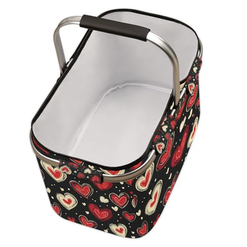 Red Heart Picnic Basket Large Collapsible Market Baskets Portable Reuasble Shopping Bags - color: Multicolor