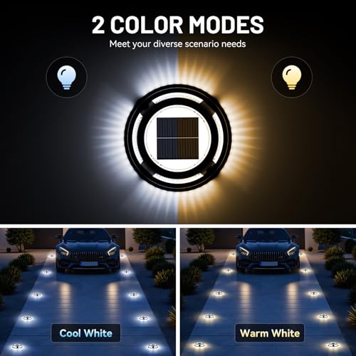 Solar Driveway Lights, 12 Pack Heavy Duty Driveway Lights Solar Powered 2 Color Mode (Cool/Warm White) IP68 Waterproof Outdoor Solar Deck Lights with Ground Stake for Pathway Garden Yard Walkway Dock - color: Cool White & Warm White, size: 12 Pack