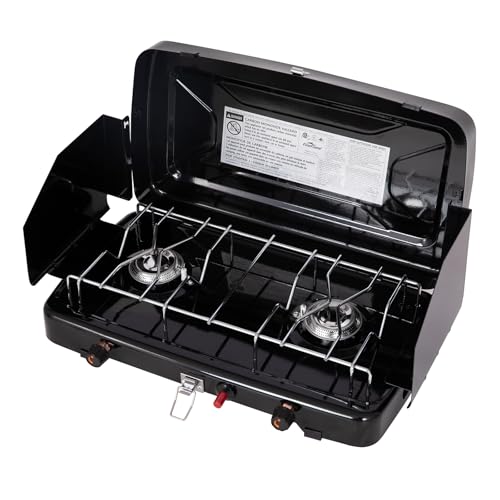 FineFlame Camping Stove, Propane Portable Camp Stove with Regulator, Push-Button Instant Ignition, Adjustable Burners & Wind Guards for Car BBQ Picnics Outdoor Camping Cooking (13000BTU-2 Burners) - color: BLACK-13000BTU-2 Burners