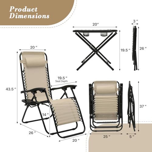 Athena Collection Zero Gravity Outdoor Lounge Chair Set of 2 with Side Table, 25" Width Pool Lounge Lawn Chairs Reclining with Cup Holder, Outdoor Chaise for Beach Patio Backyard Outside, Beige - color: Beige, style: 25" Width