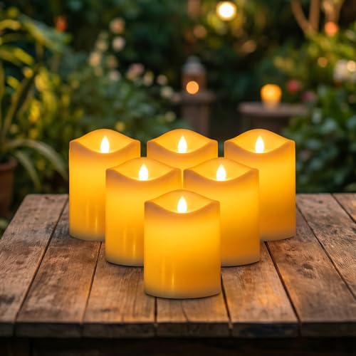 Livinlarge Solar Candles Outdoor Waterproof, 3"x4" Rechargeable Solar Powered Flameless Flickering LED Pillar Candle for Patio Yard Deck Window Table Decor, Holiday Gifts for Mom and Wife, 6pcs - color: D3"xH4", 6 PCS
