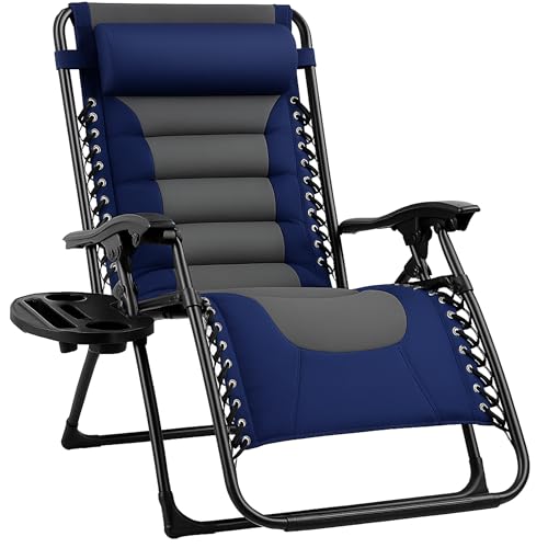Backyard Expressions Deluxe XL Padded Recliner Zero Gravity Chair – Ergonomic Anti-Gravity Lounger with Folding Design, Side Tray, and Adjustable Headrest - color: Navy/Grey