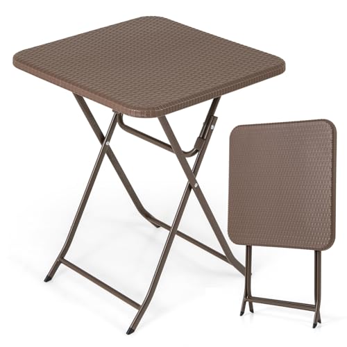Tangkula 23.5" Square Folding Table, Indoor Outdoor Foldable Plastic Table with Rattan Textured HDPE Tabletop, Sturdy Metal Fame, Carrying Handle, 4 Person Picnic Table for Camping BBQ Party - color: Coffee, size: 23.5 in, style: Classic