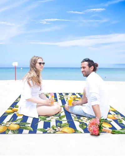 Lemon Beach Blanket Waterproof Sandproof 108"x84", Summer Blue Stripes Oversized Beach Mat with 4 Corner Sand Pocket & 4 Stakes, Compact Outdoor Picnic Mat for Camping Travel Festivals - color: Blue, size: 108"x84"