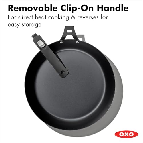 OXO Outdoor Pre-Seasoned Carbon Steel 12" Frying Pan Skillet, Detachable Handle for Easy Storage, Indoor Use, Nonstick with Use, Induction Suitable,Oven & Broiler Safe,Browning, Grill,Sear,Saute,Black - size: 12" Frying Pan Skillet Set