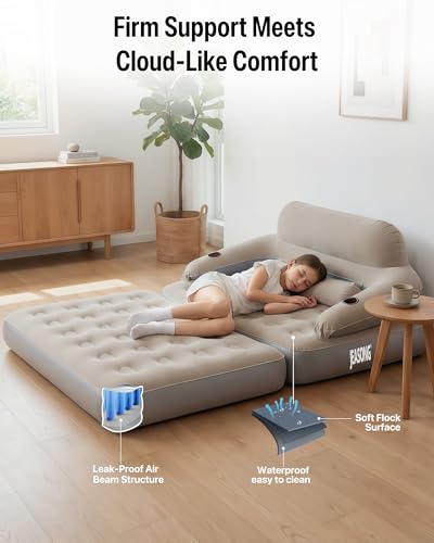 JEASONG Blow Up Couch Air Mattress Queen with Built in Pump, 2-in-1 Air Sofa & Inflatable Mattress, AirBed Blow Up Mattress with Headboard & Cupholder, Inflatable Couch for Camping, Movie Night, Guest