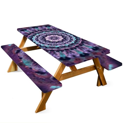 ANNA QUEEN Mandala Picnic Table Cover Set, 6FT Boho Purple Waterproof Tablecloth & Bench Covers 3PCS 72"x30" for Camping Garden Patio Festivals Retreats - color: #4