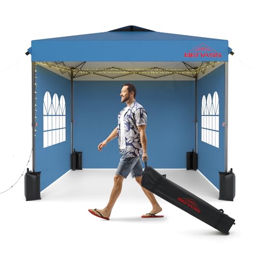 10x10 Pop Up Canopy with Sidewalls, Easy Up Canopy Tent, Heavy Duty Tents for Parties, One Person Set Up Event Tent, Light Blue - color: Light Blue, size: 10x10