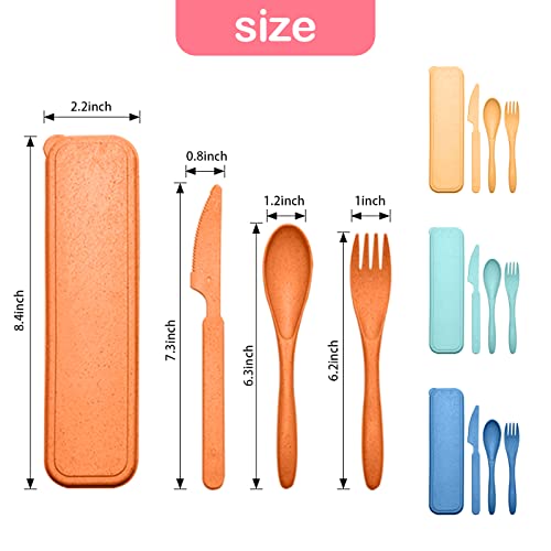 Reusable Travel Utensils Set with Case, 4 Sets Wheat Straw Portable Knife Fork Spoons Cutlery, Eco-Friendly BPA Free Plastic Tableware for Kids Adults Travel Picnic Camping Utensils - color: 4 Sets - Dark Green, Orange, Yellow, Dark Blue