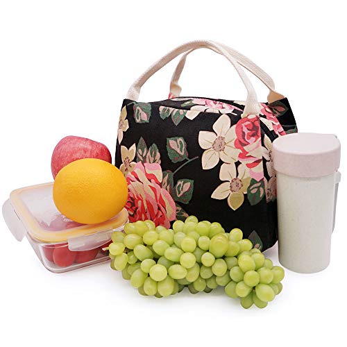EurCross Floral Lunch Bag Classic for Women Girls, High Grade Cotton Canvas Insulated Lunch Box Bag Hold Bento Box or Round, Square and Uniquely Shaped Lunch Containers, Small Light Weight for Carry - color: Floral