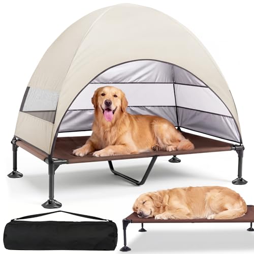 Elevated Outdoor Dog Bed with Canopy, Raised Dog Cot with Stable Adjustable Feet, Dog Camping Bed with Larger Shade, Lifted Dog Tent Bed with Canopy for Outside (Beige, X-Large) - color: Beige, size: X-Large