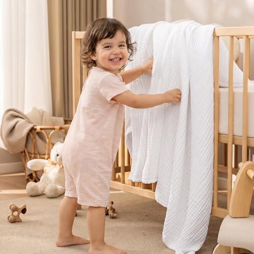 PHF 100% Cotton Muslin Throw XL Blanket Large 50" x 70", 4-Layer Lightweight Gauze Throw, Breathable Cloud-Soft Minimalist Blanket for Bed, Couch, Camping, White, Ideal Gift - color: 01 - White, size: Throw Xl(50"x70")