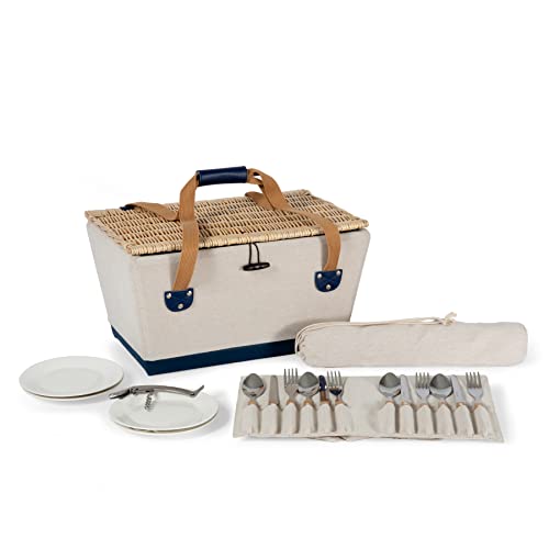 Picnic TIME Boardwalk Picnic Basket, Romantic Vintage English-Style Wooden Basket, Complete Deluxe Service for Four with Durable Canvas and Handwoven Lid - color: Beige Canvas With Navy Blue Accents for 4