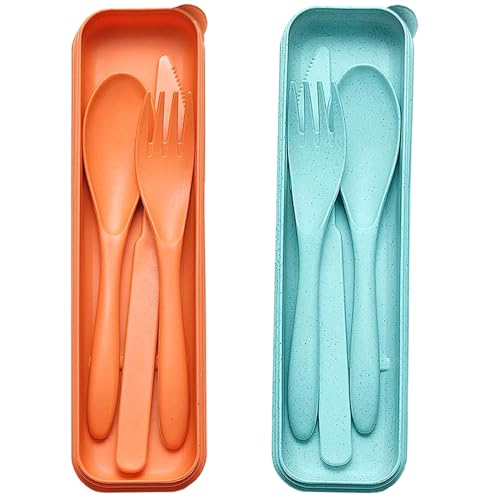 Reusable Travel Utensils Set with Case, 2 Sets Wheat Straw Portable Plastic Fork Spoons Knife Cutlery, Camping Eco-Friendly BPA Free Tableware for Kids Adults Work Picnic or Daily Use (Orange+Green) - color: Green+Orange