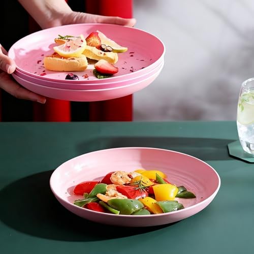 Wheat Straw Plates Unbreakable Dinner Plates Set of 6, Reusable Lightweight Plastic Plate for Camping Kitchen, Microwave and Dishwasher Safe (Pink) - color: 6 Pink
