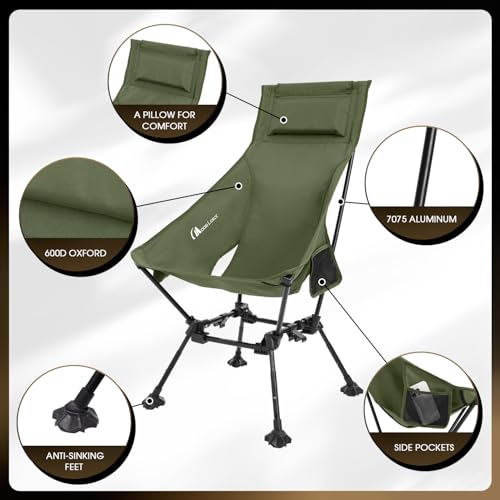 MOON LENCE High Back Folding Camping Chairs, Adjustable Height Beach Chair with Anti-Sinking Feet & Widened Seat (Green) - color: New Green With Feet 1 Pack