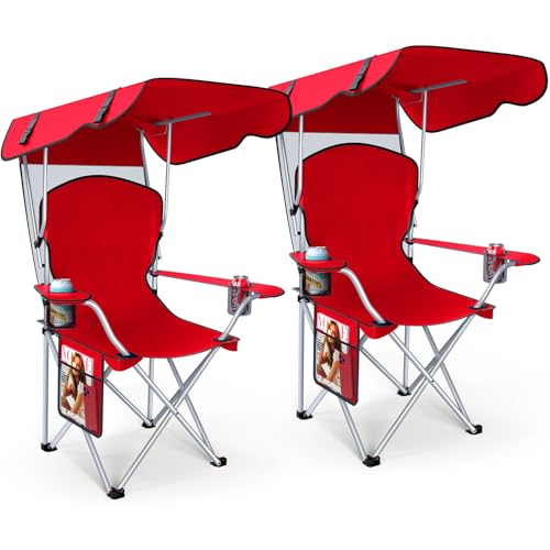 VTOY Portable Camping Chair with Canopy - Folding Chair with Canopy, Durable 600D Oxford Canopy Chair for Camping, Beach, Picnics, Fishing & Sports - color: 2pack Red