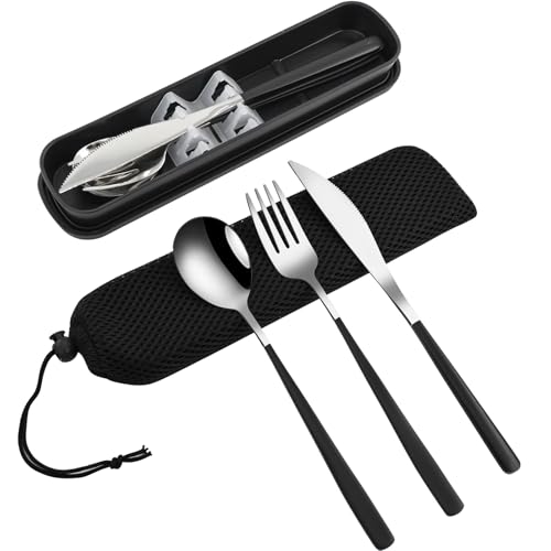 VANRA 3-Piece Portable Travel Utensils Set with Case 18/8 Stainless Steel Flatware Set Reusable Cutlery Set with Fork Spoon Knife for Lunch Travel Camping School Work Picnic (Black) - color: Black, size: Fork Spoon Knife