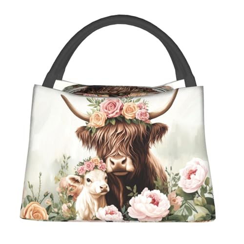 Highland Cow Lunch Box with Floral Farm Animal Pattern for Girls and Adults,Lightweight Handbag with Zipper Closure,Portable Cosmetic Bag for School,Work,Office, Travel and Picnic Gifts - color: Highland Cattle