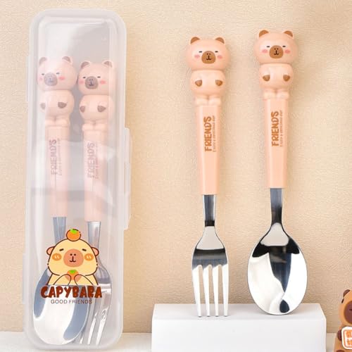 Capybara Spoon and Fork Set, Camping Utensils Cartoon Capybara Kids Dinnerware Student School Ladle Cutlery Portable Children Tableware