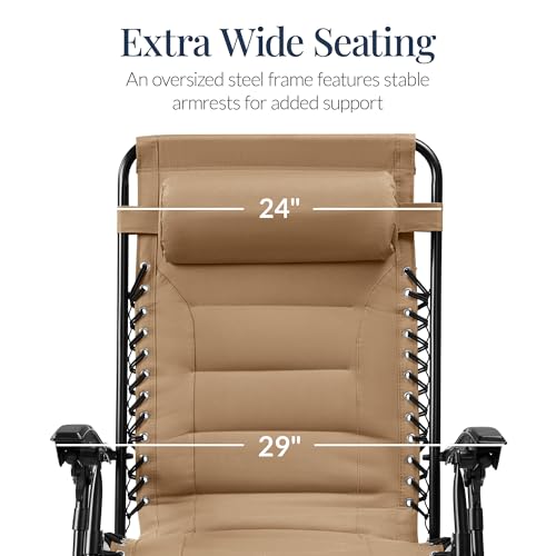 Best Choice Products Oversized Padded Zero Gravity Chair, Folding Outdoor Patio Recliner, XL Anti Gravity Lounger for Backyard w/Headrest, Cup Holder, Side Tray, Polyester Mesh - Beige - color: Beige