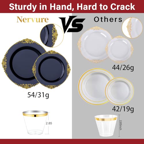 Nervure 350Pcs Blue Plastic Plates - Blue Gold Plastic Dinnerware Sets for 50 Guests - 100 Navy Gold Disposable Plates, 50 Pre Rolled Silverware, 50 Cups Perfect for Wedding & Party - color: Navy Blue and Gold
