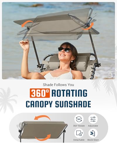 KingCamp Lounge Chair with face Hole & Canopy Shade, 400LBS Folding Portable Tanning Chair with face Hole, Adjustable 5-Position Foldable Beach Sun Tanning Chair for Outside Beach Patio Outdoor Pool - color: C*skyshade Canopy——beige Canopy, style: 400lbs&