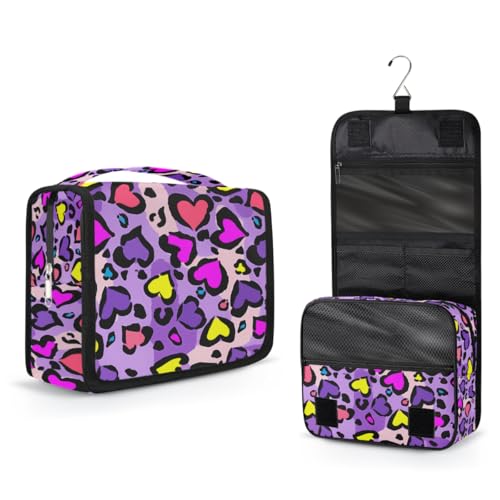 Heart Shape Leopard Skin Print Kids Toiletry Bag for Girls, Waterproof Hanging Makeup Organizer Travel Cosmetic Bag with Hook, Portable Toiletries Case for Sleepovers School Vacations - color: Heart Shape Leopard Skin Print